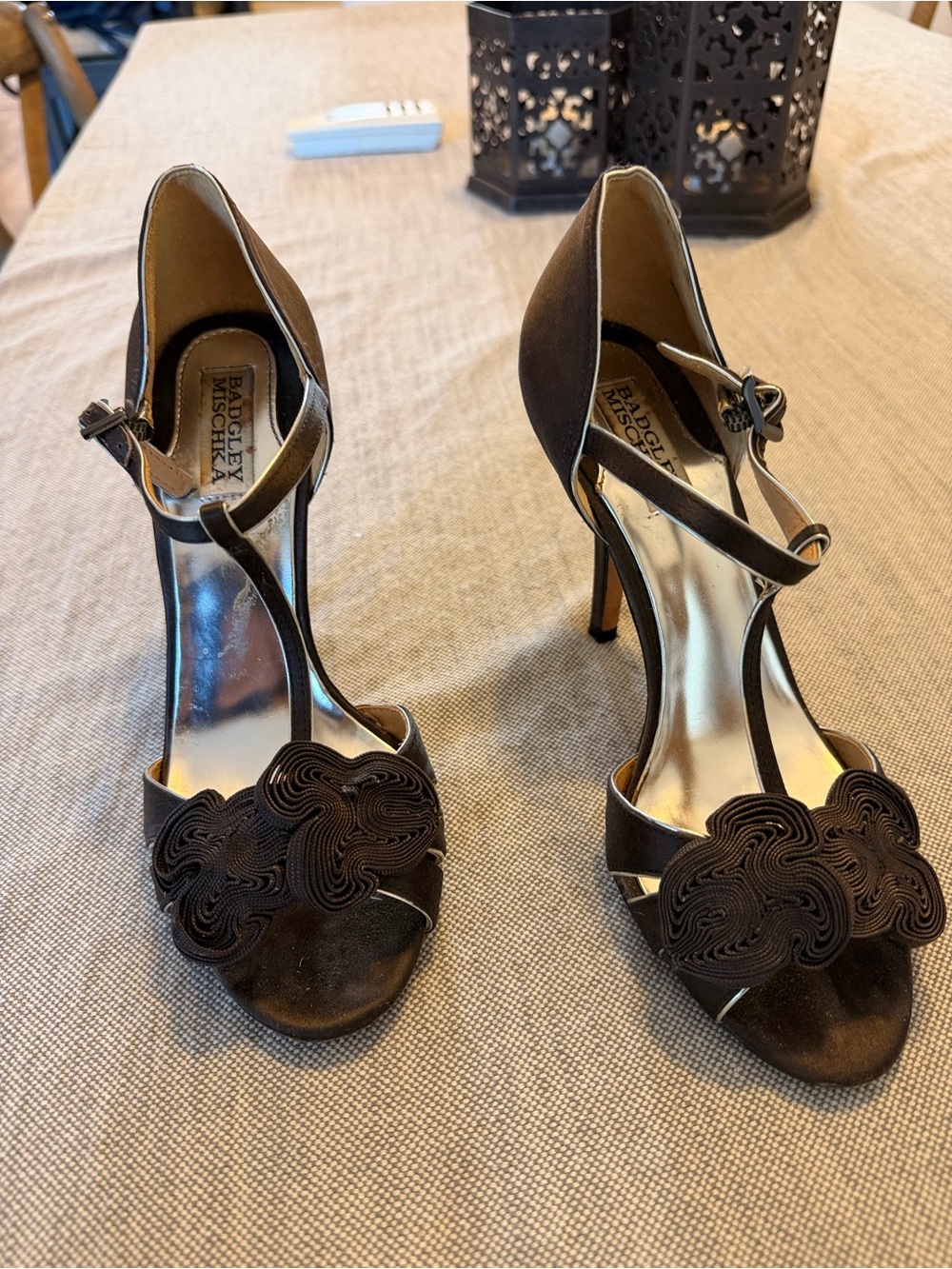 Badgley Mischka Dark Brown Satin T-Strap Floral Applique Heels